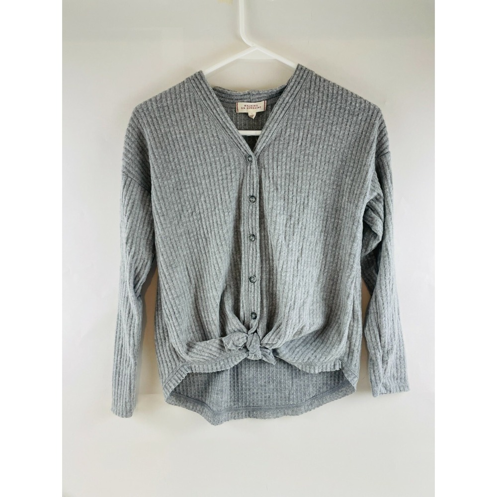 Walking on Sunshine Crop Cardigan Women's Size Large Gray Waffle Knit Fleece NWT
